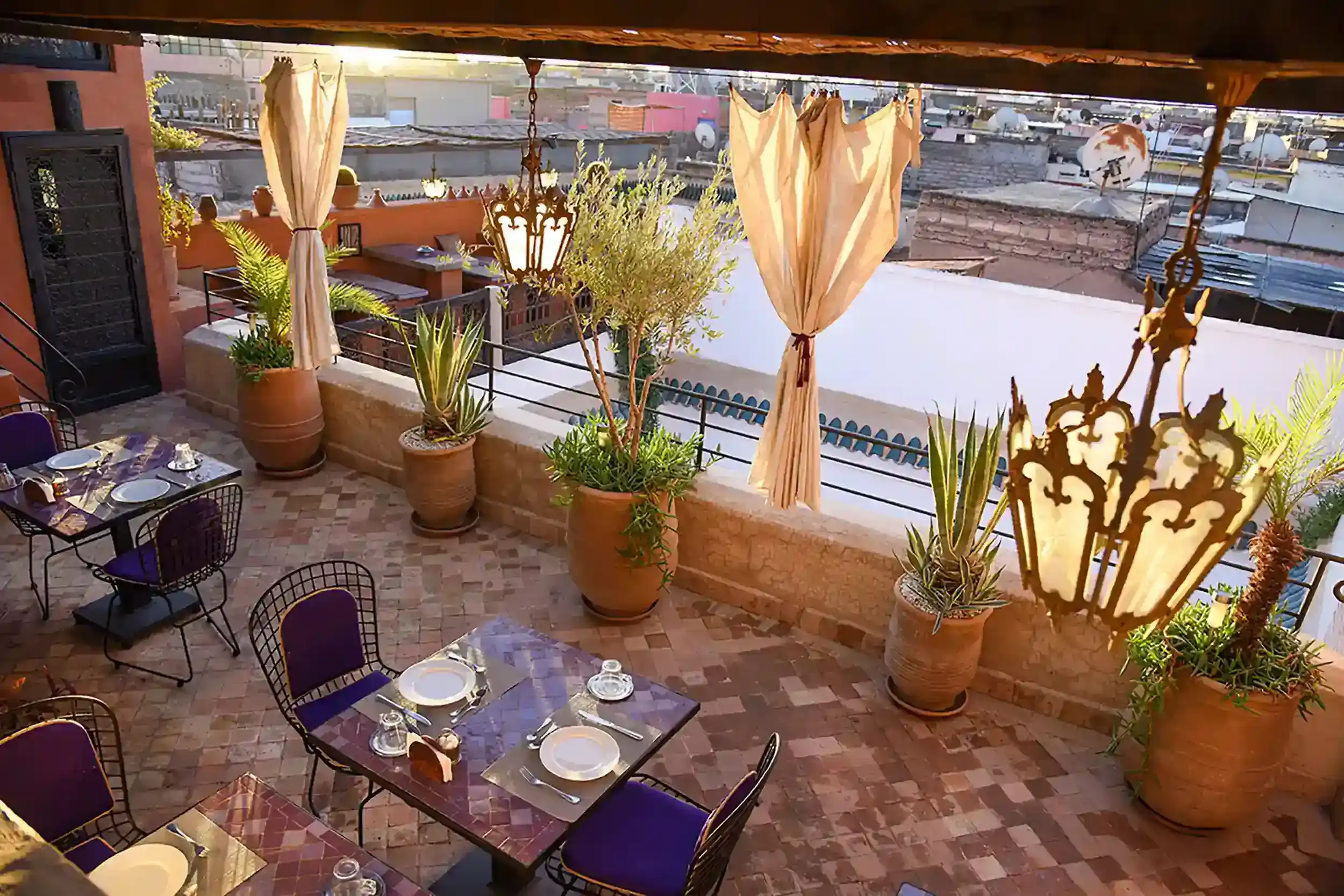 The terrace of our guesthouse, with a view of Marrakech rooftops and the Atlas Mountains.